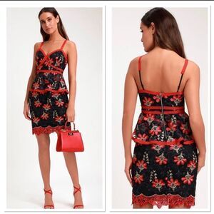 Lulu's Black Lace Midi Dress with Red Floral Embroidery
